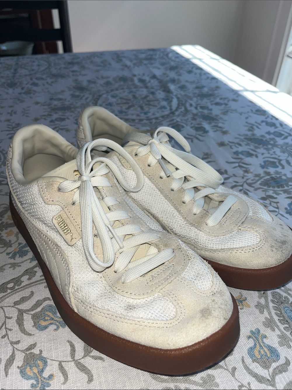 Puma Off-White Suede & Mesh Sneakers with Brown Gum Sole